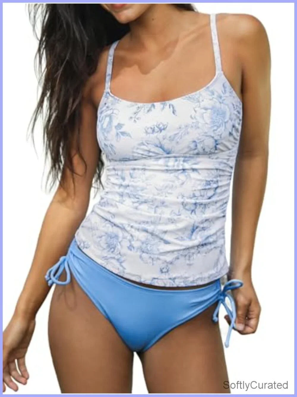 Tankini Set Two Piece Swimsuit Scoop Neck Ruched Adjustable Straps Mid Rise